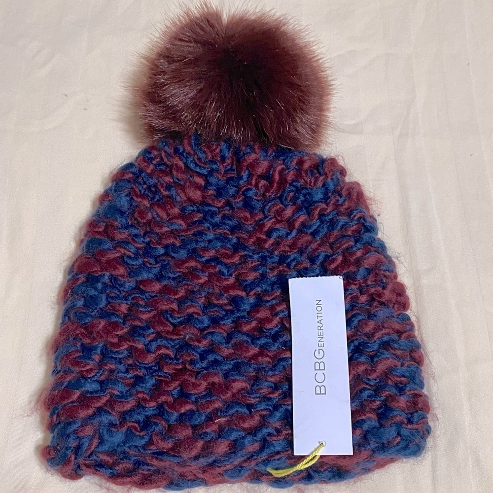 BCBGeneration Chunky Knit Two Tone Beanie with Faux Fur Pom